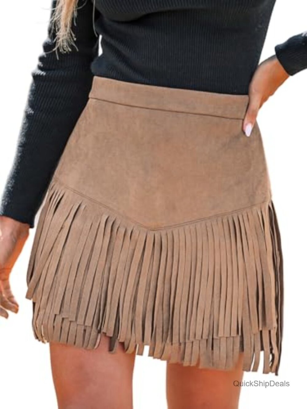 Faux Suede Fringe Mini Skirt High Waist Western A-Line Party Skirt